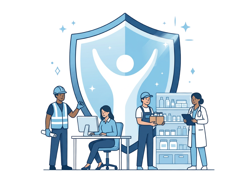 Workers protected by shield illustration